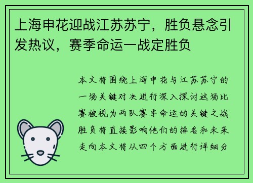 上海申花迎战江苏苏宁，胜负悬念引发热议，赛季命运一战定胜负
