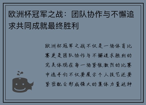 欧洲杯冠军之战：团队协作与不懈追求共同成就最终胜利