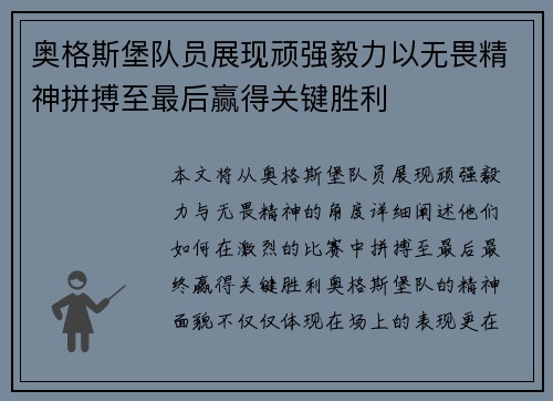 奥格斯堡队员展现顽强毅力以无畏精神拼搏至最后赢得关键胜利