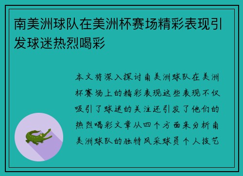 南美洲球队在美洲杯赛场精彩表现引发球迷热烈喝彩