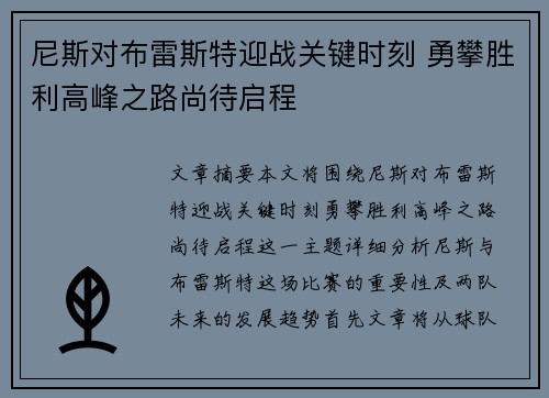 尼斯对布雷斯特迎战关键时刻 勇攀胜利高峰之路尚待启程