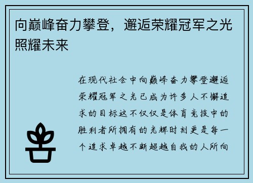 向巅峰奋力攀登，邂逅荣耀冠军之光照耀未来
