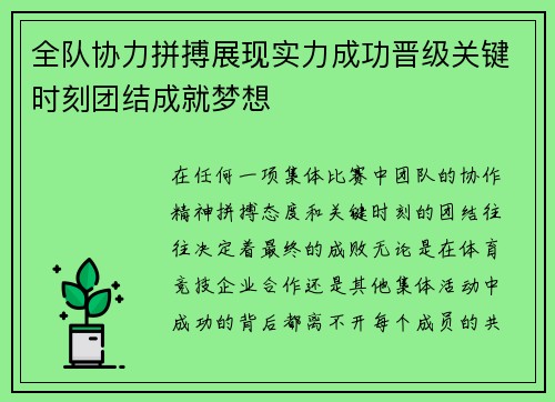 全队协力拼搏展现实力成功晋级关键时刻团结成就梦想