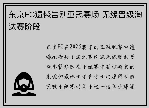 东京FC遗憾告别亚冠赛场 无缘晋级淘汰赛阶段