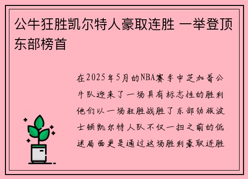 公牛狂胜凯尔特人豪取连胜 一举登顶东部榜首