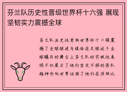 芬兰队历史性晋级世界杯十六强 展现坚韧实力震撼全球