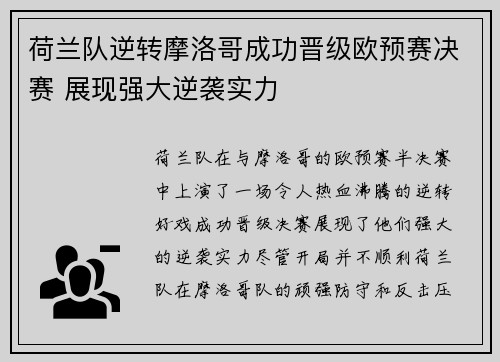 荷兰队逆转摩洛哥成功晋级欧预赛决赛 展现强大逆袭实力