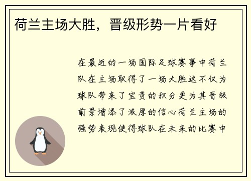 荷兰主场大胜，晋级形势一片看好